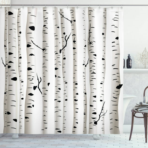 Black & White Birch Trees Shower Curtain Set Polyester Waterproof Fabric Hooks